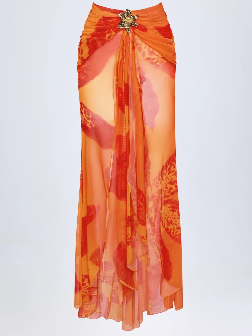 NEW Oh Polly Ruched Hardware-Detail Fishtail Maxi Skirt in Orange Orchid Print